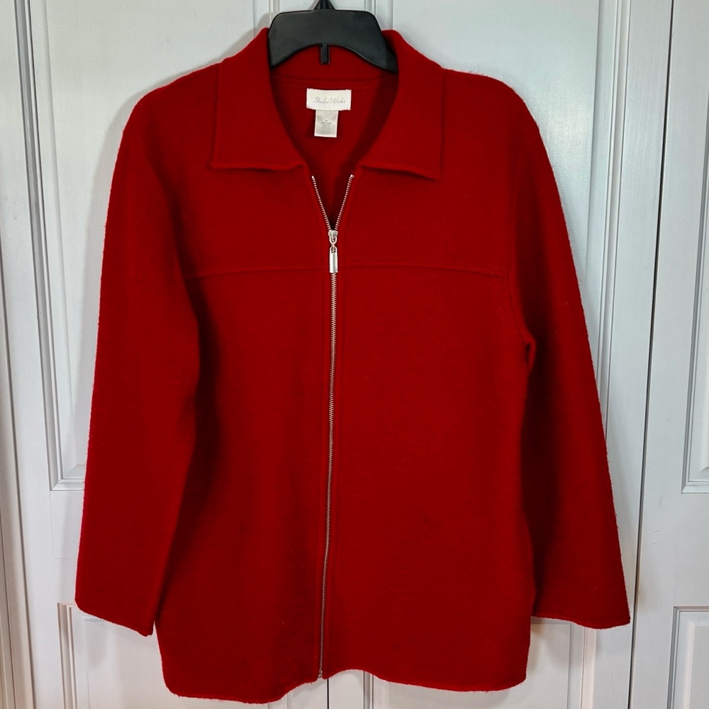 Cardigan Sweater, red 100% wool, side pockets, zip front closure